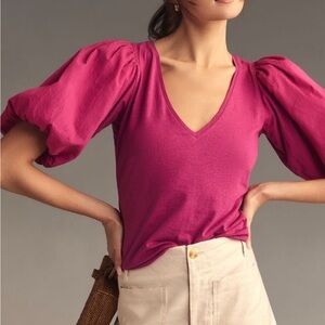 By Anthropologie Puff-Sleeve V-neck Top NWT